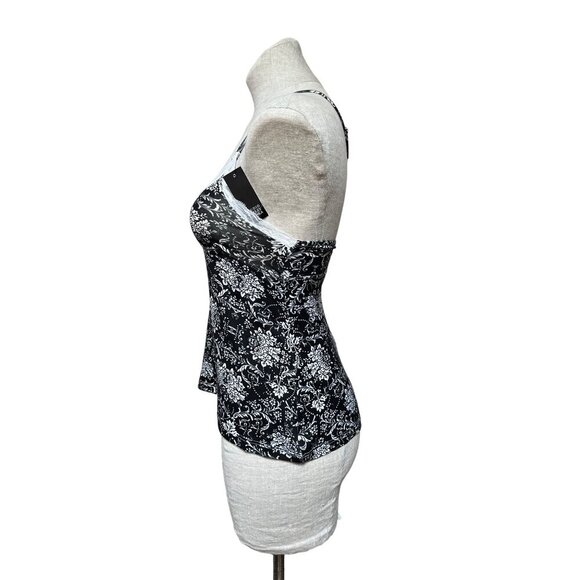 Badgley Mischka NWT Victoria Floral Babydoll Style Cami Black White Print Lace - Picture 2 of 8